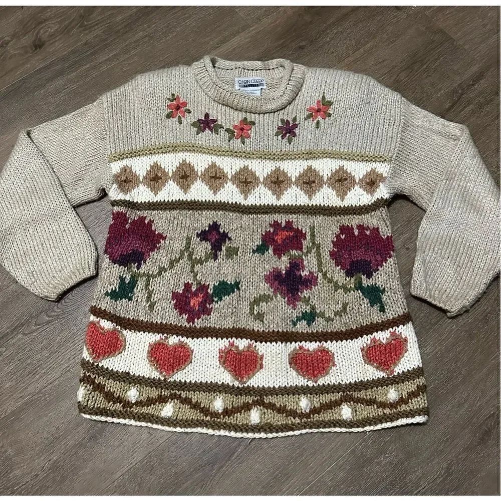 Vintage 90s Cabin Creek Women Knit Sweater Granny Beige Hearts Floral Size L